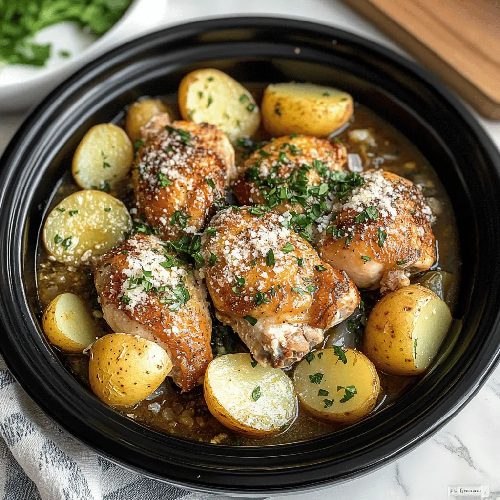 Get ready for a delicious dinner with this Crockpot Garlic Parmesan Chicken and Potatoes! Juicy chicken thighs are enveloped in a creamy garlic parmesan sauce, perfectly paired with tender potatoes for a comforting meal. Ideal for busy days, simply set it and let it cook! Save this recipe for an easy weeknight dinner that your family will love!