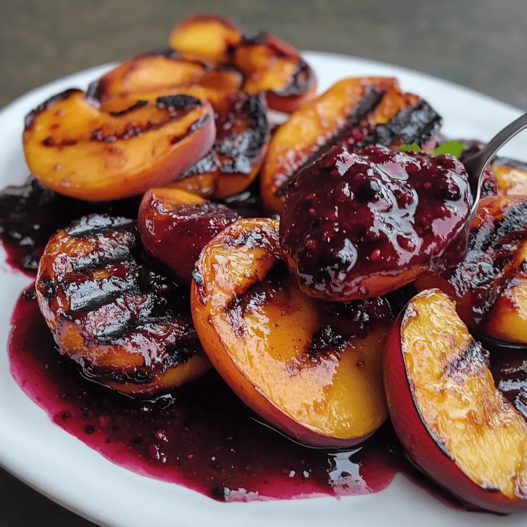 Juicy grilled peaches topped with a sweet and tangy blackberry sauce make for a delightful summer treat. This simple yet impressive recipe brings together the natural sweetness of peaches with the rich flavors of fresh blackberries. Perfect for a barbecue or as a light dessert, it's an easy way to impress your guests! Save this recipe for your next outdoor gathering!