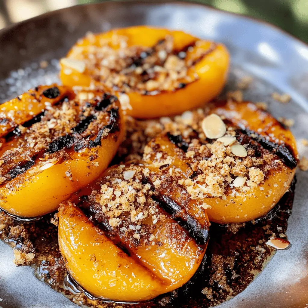 Sweet, juicy peaches perfectly grilled and drizzled with maple syrup make for a delightful summer treat! Topped with crunchy almond cookie crumbs, this recipe combines flavors that will impress your guests or brighten your day. Save this delicious dessert idea for your next barbecue or outdoor gathering! 🍑✨