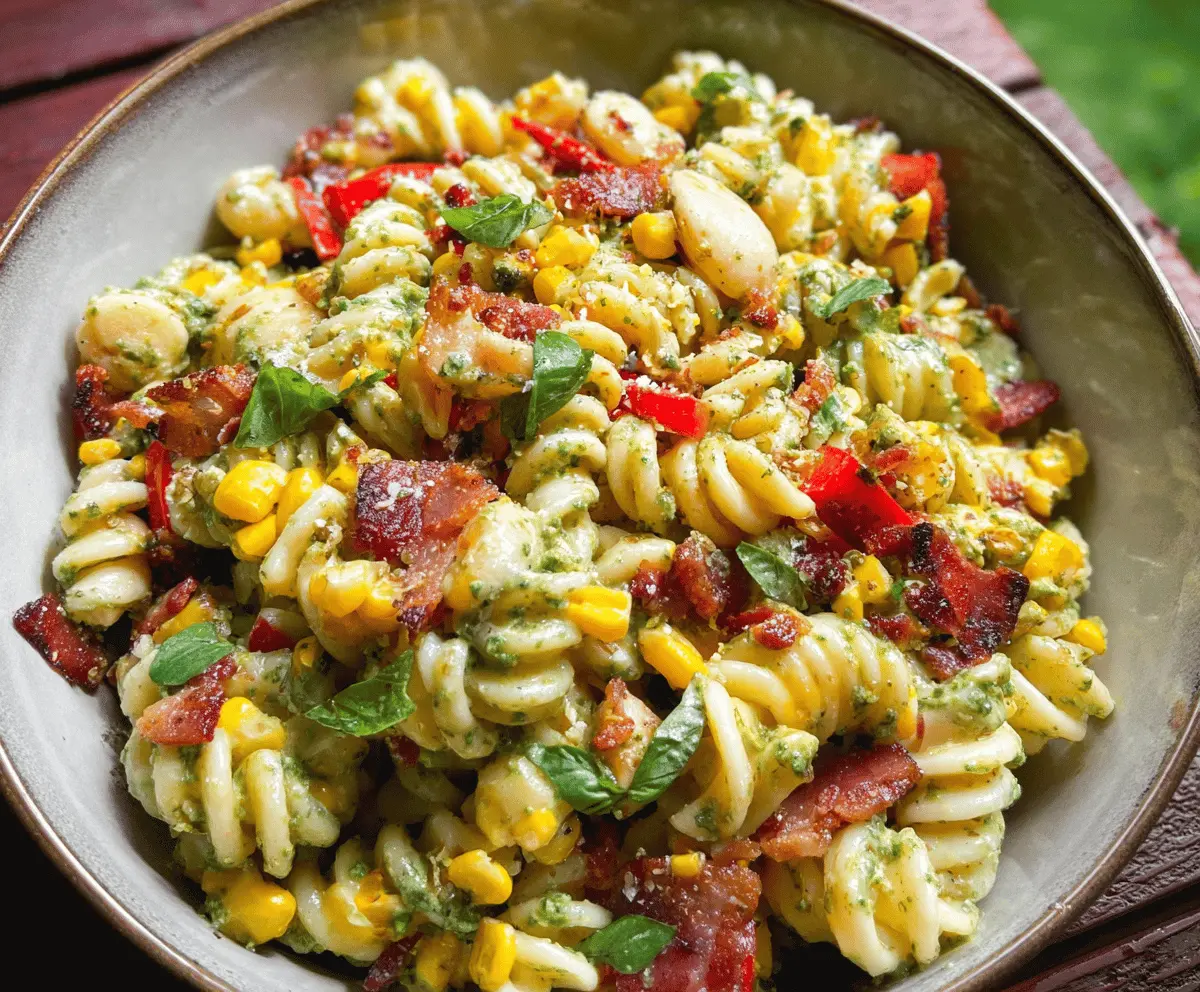 Easy Corn Pasta Salad with Bacon and Creamy Pesto