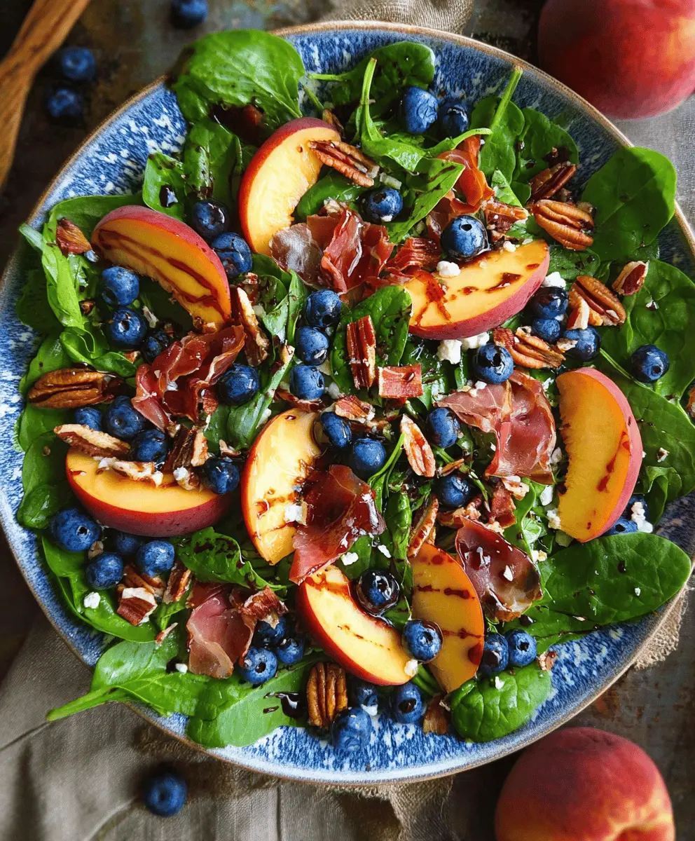 Fresh Peach Blueberry Spinach Salad with Pecans and Prosciutto