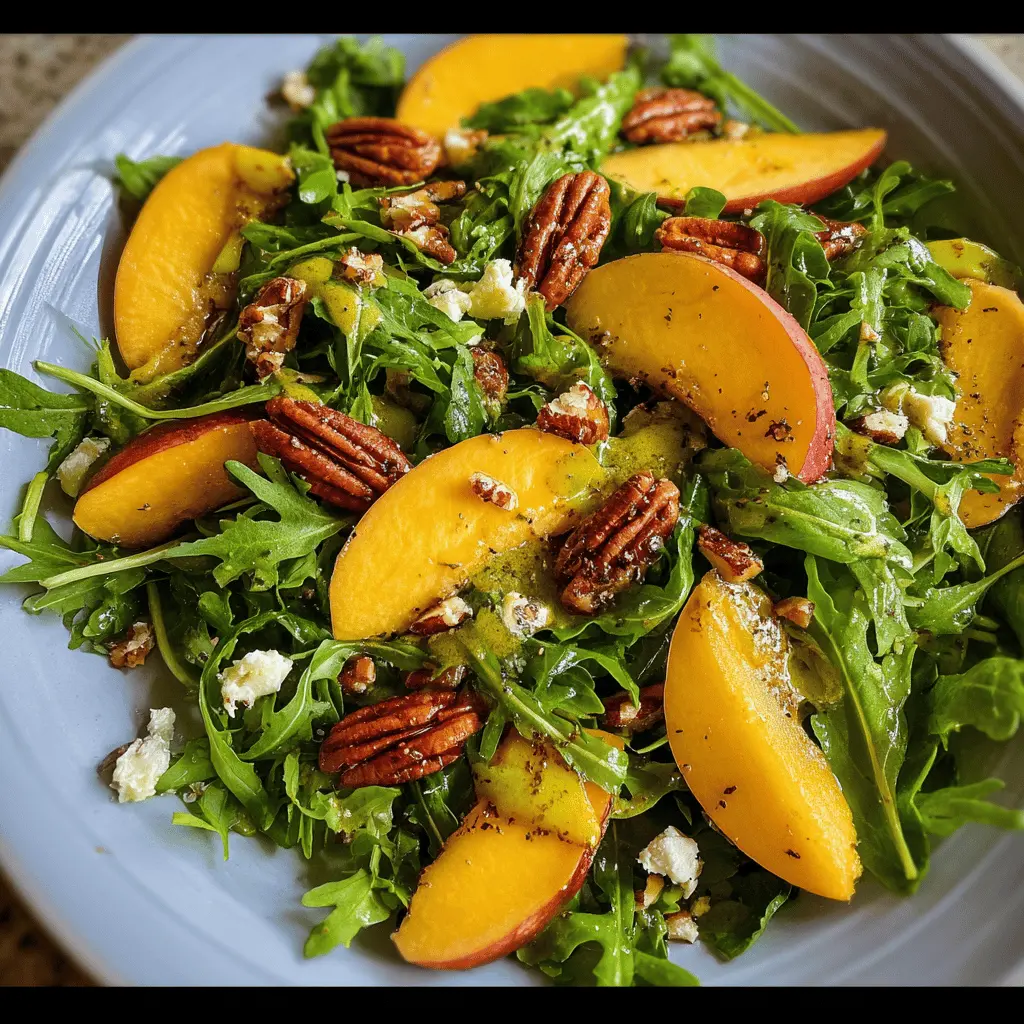 Fresh Arugula Salad With Sweet Peach And Crunchy Pecans