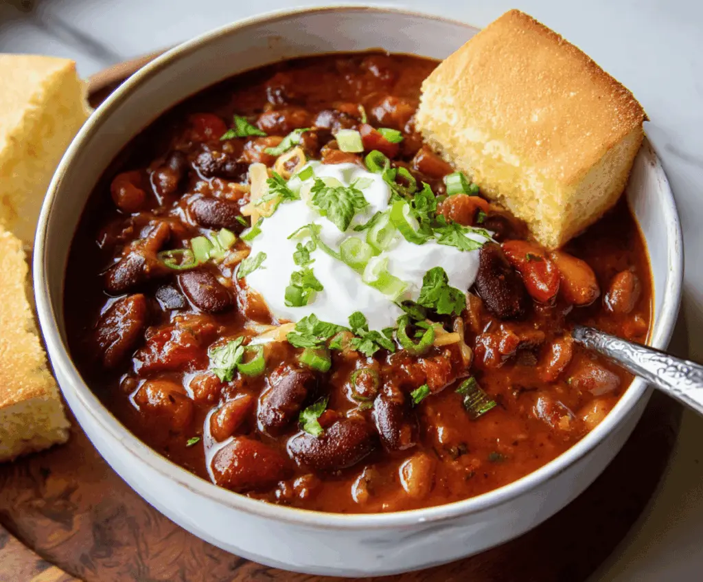 A bowl of hearty 3-bean chili topped with shredded cheese, fresh cilantro, and diced onions, served with cornbread on the side.