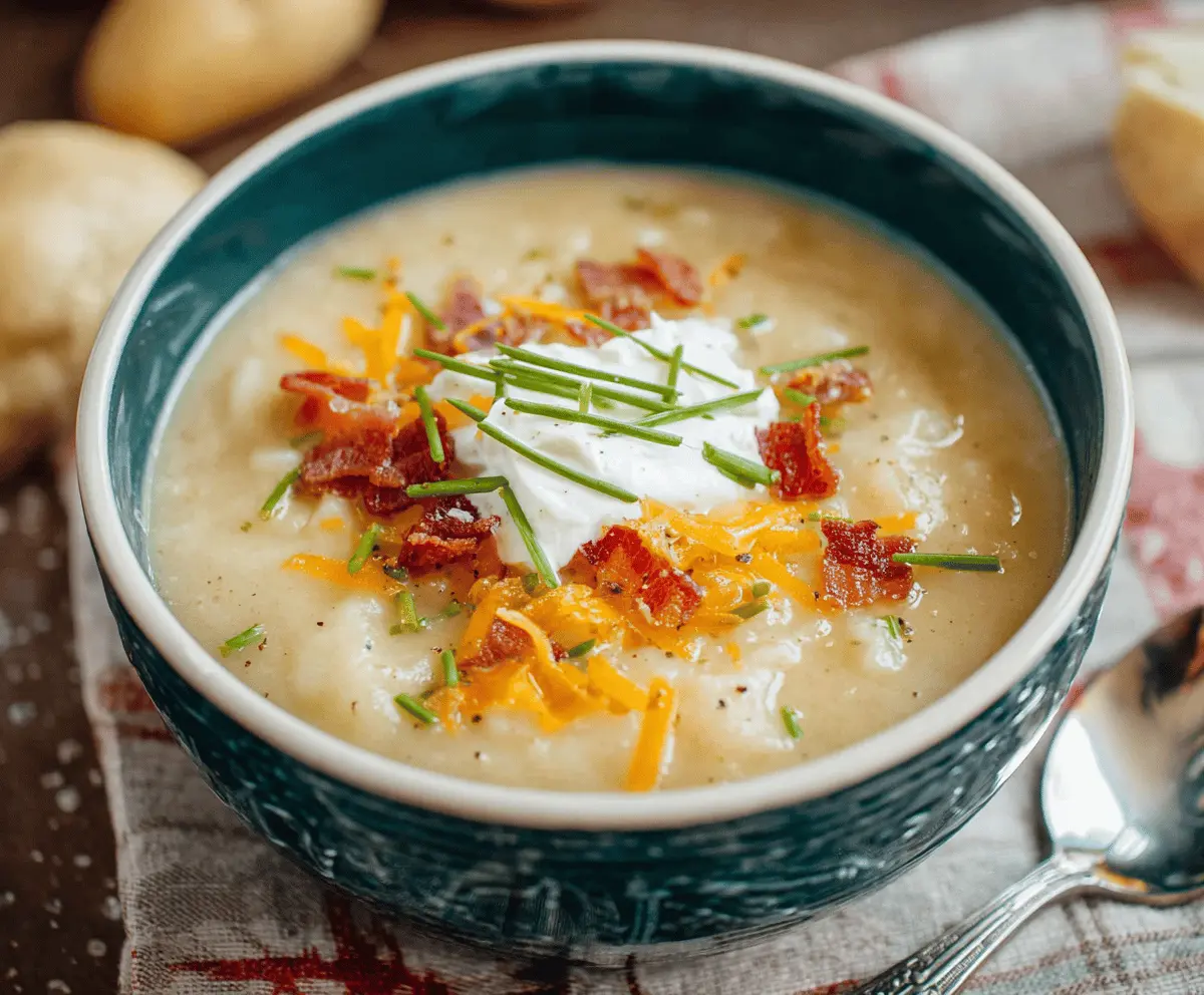 Creamy 30-Minute Potato Soup served in a bowl with fresh herbs and crispy bacon garnishes, perfect for a quick and hearty meal.