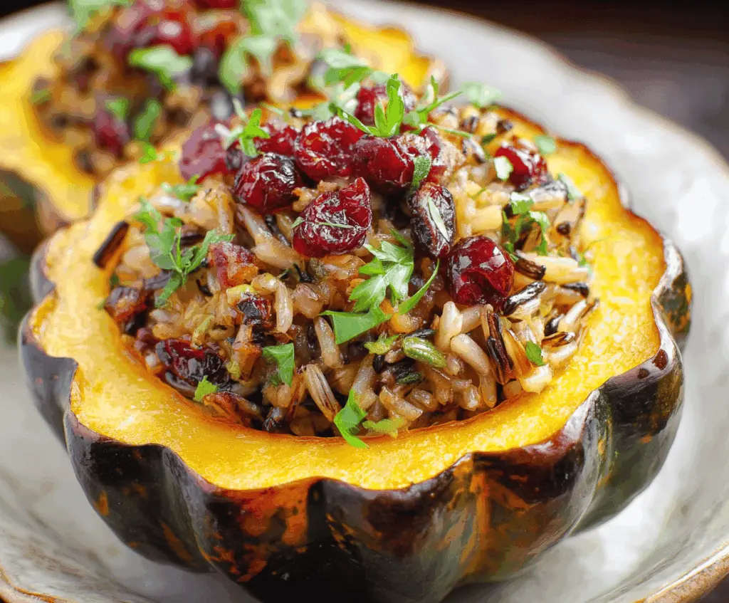 Acorn squash filled with wild rice, cranberries, and herbs for a hearty, colorful vegetarian dish
