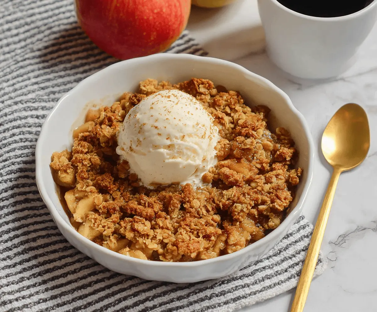 Delicious homemade Air Fryer Apple Crisp with golden-brown topping and fresh apple slices, perfect for a quick and easy dessert.