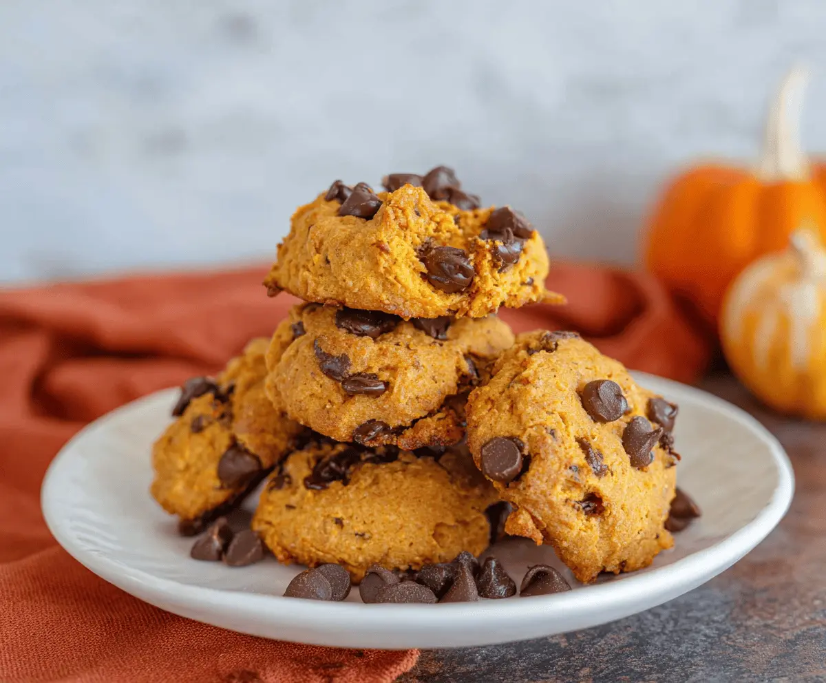 Delicious homemade air fryer pumpkin cookies with cinnamon and chocolate chips on a plate, perfect for fall treats.