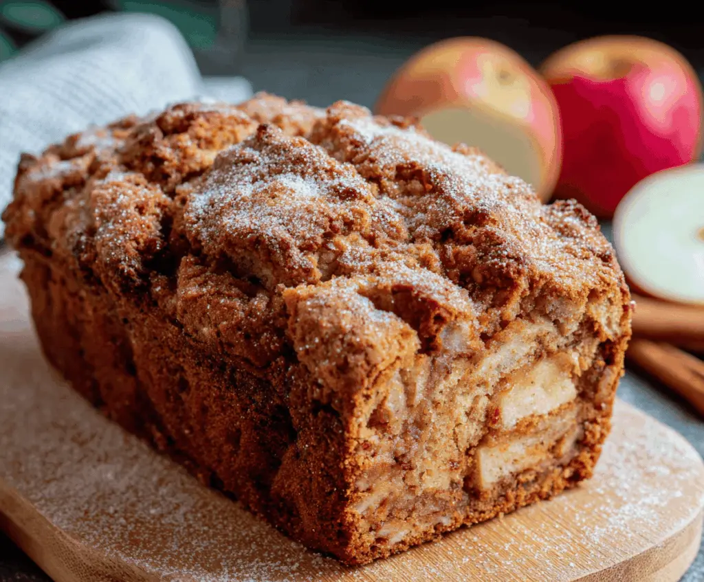 Delicious homemade apple bread with cinnamon and walnuts on a rustic wooden table