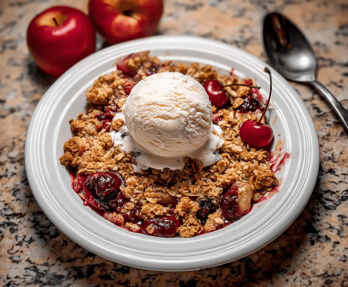 Delicious homemade apple cherry crisp topped with golden brown crumble served in a baking dish