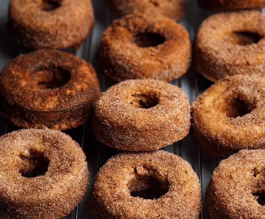 Fresh homemade apple cider donuts dusted with cinnamon on a rustic wooden table, perfect for fall treats.