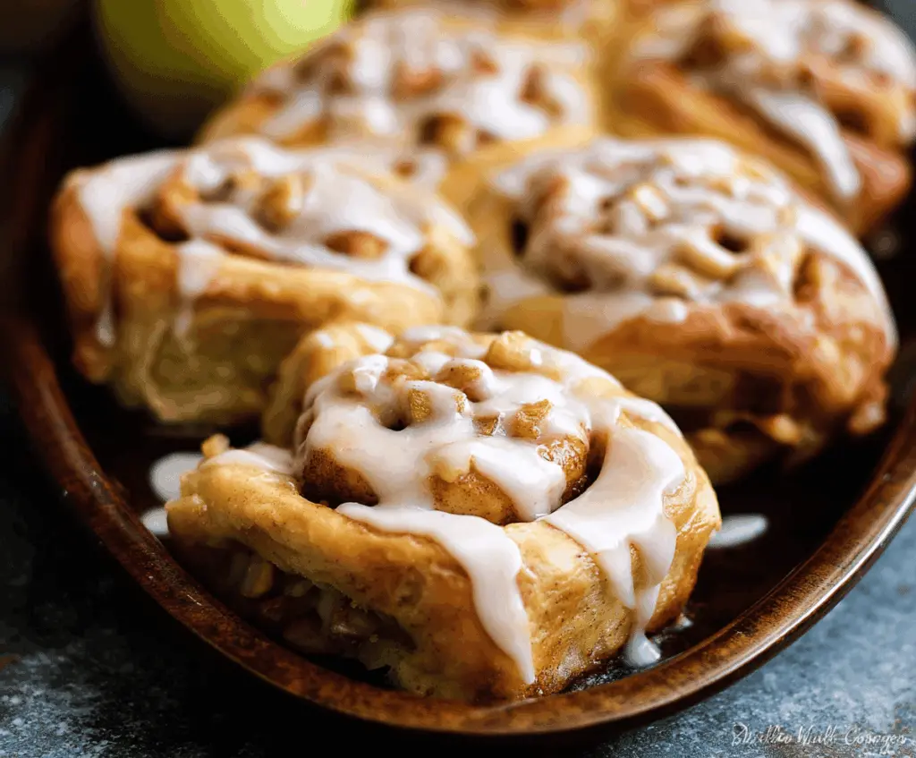 Freshly baked apple cinnamon rolls drizzled with icing, featuring a golden-brown exterior and warm apple filling inside.