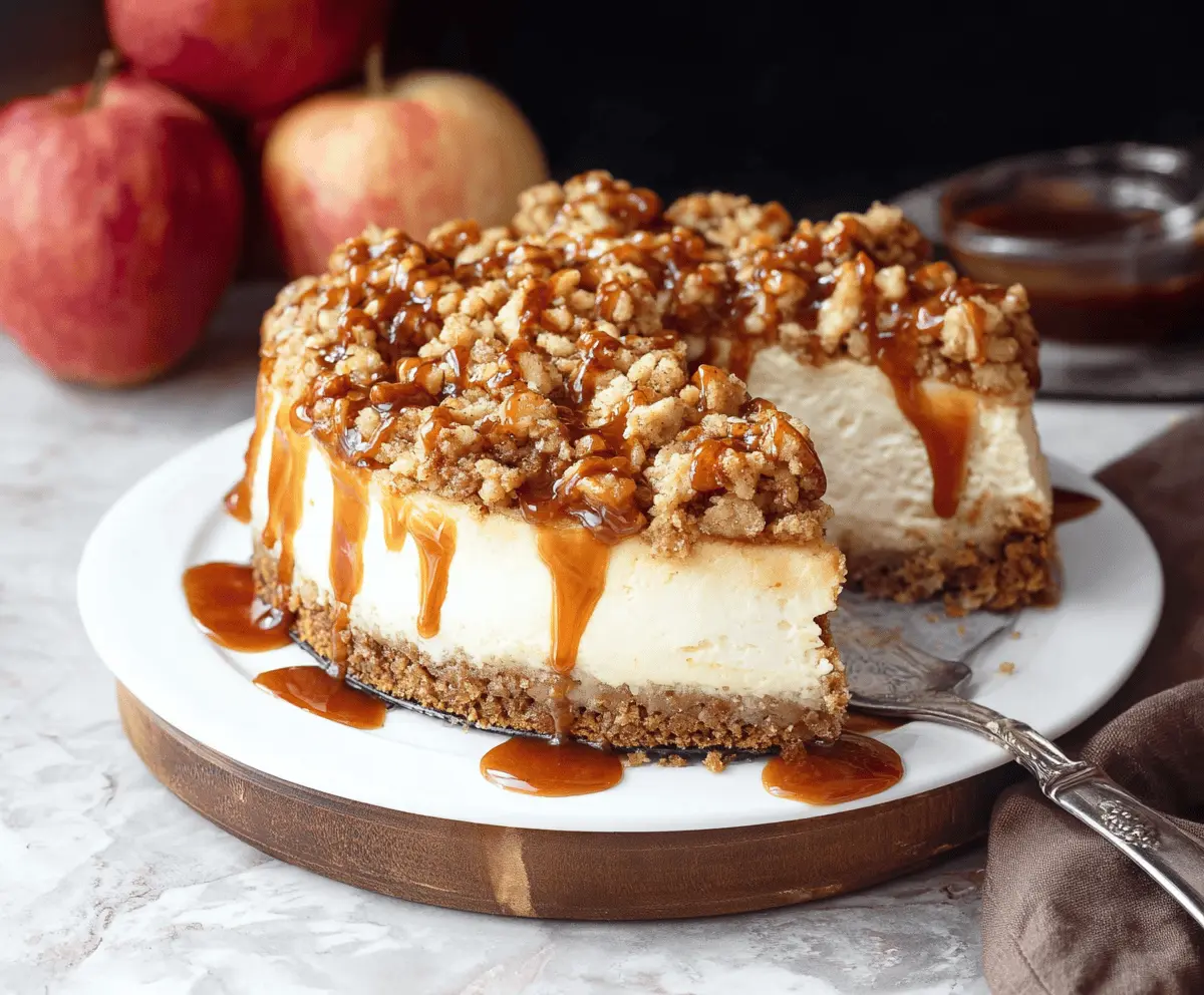 Delicious Apple Crisp Cheesecake topped with caramelized apple slices and crunchy streusel topping on a white plate.