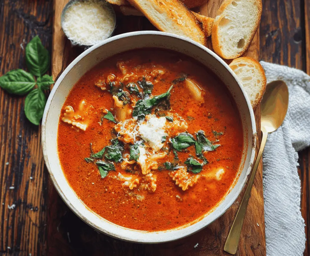 Spicy Arrabbiata Lasagna Soup in a bowl topped with fresh basil and melted cheese, served with crusty bread on the side