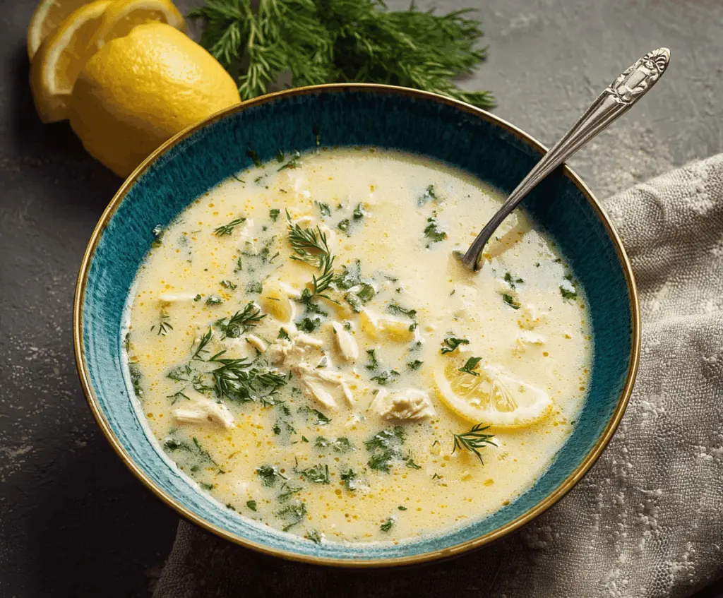 Creamy and flavorful Avgolemono Soup with lemon, chicken, and rice served in a bowl, perfect for comforting Mediterranean-style meals.