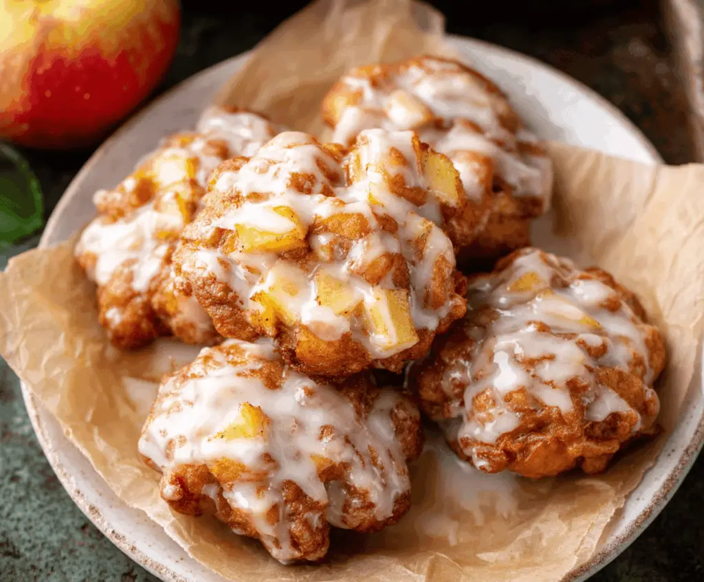 Delicious baked apple fritters topped with sweet glaze on a rustic plate, perfect for a cozy breakfast or dessert