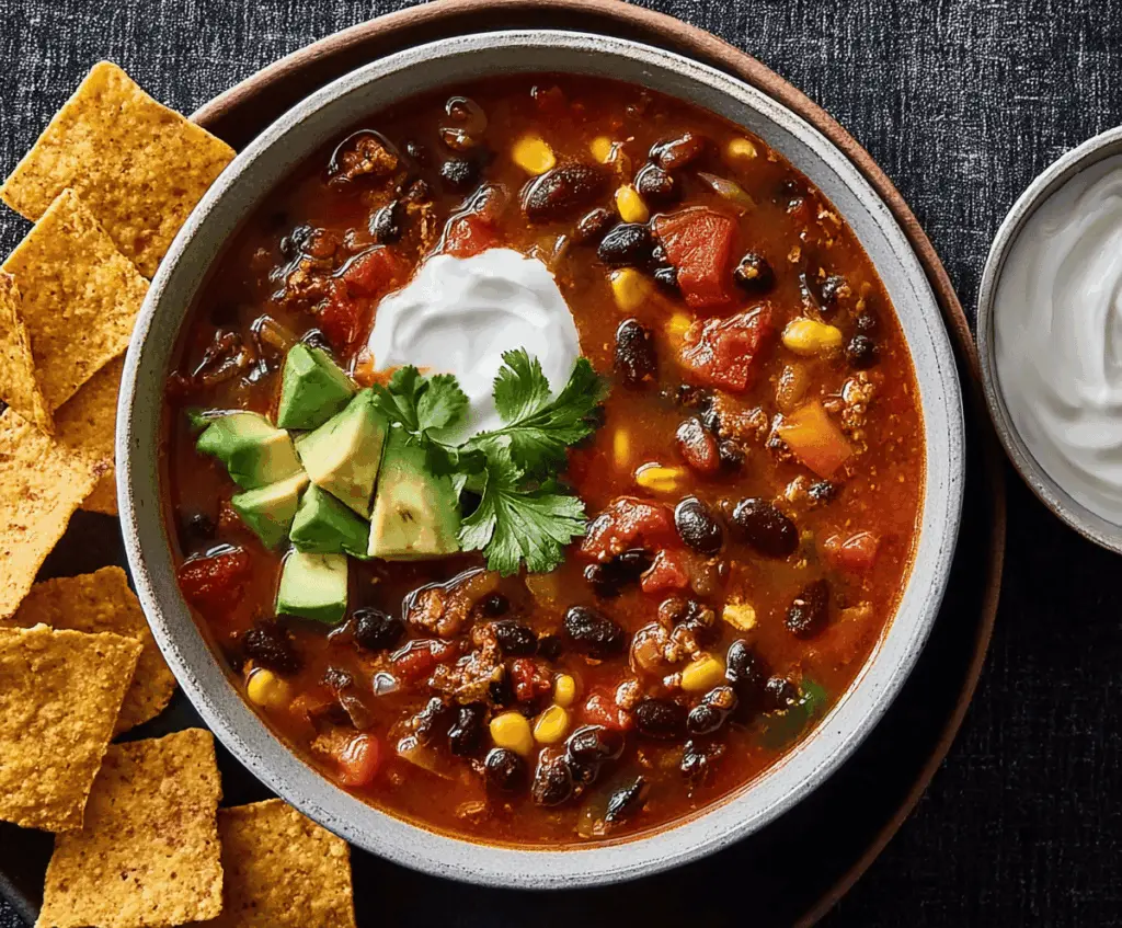 A bowl of Black Bean Taco Soup topped with shredded cheese, sour cream, and fresh cilantro, garnished with tortilla chips and lime wedges, showcasing a hearty and flavorful Mexican-inspired dish.