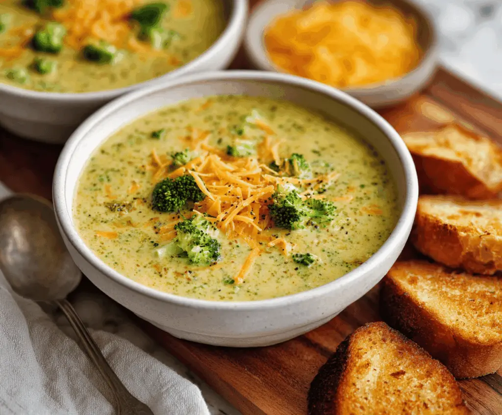 Creamy Broccoli Cheddar Soup in a bowl topped with shredded cheddar cheese and fresh broccoli florets, perfect for a comforting meal.