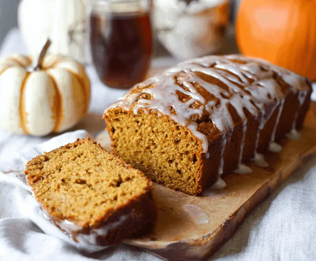 Golden pumpkin bread topped with a glossy brown butter maple glaze, garnished with chopped nuts and cinnamon, ready to serve