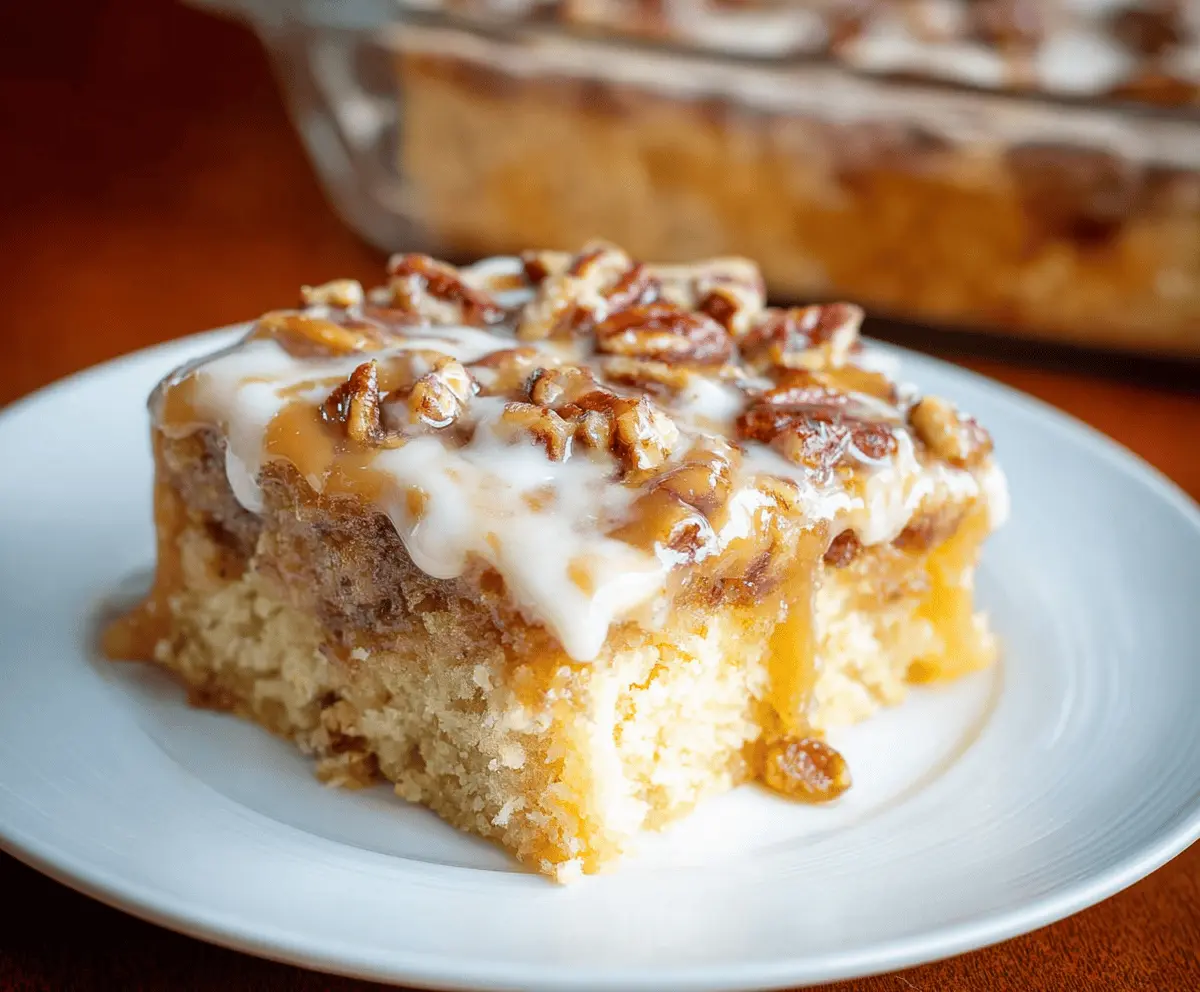 Delicious Butter Pecan Praline Poke Cake topped with caramelized pecans and creamy frosting, perfect for dessert lovers.