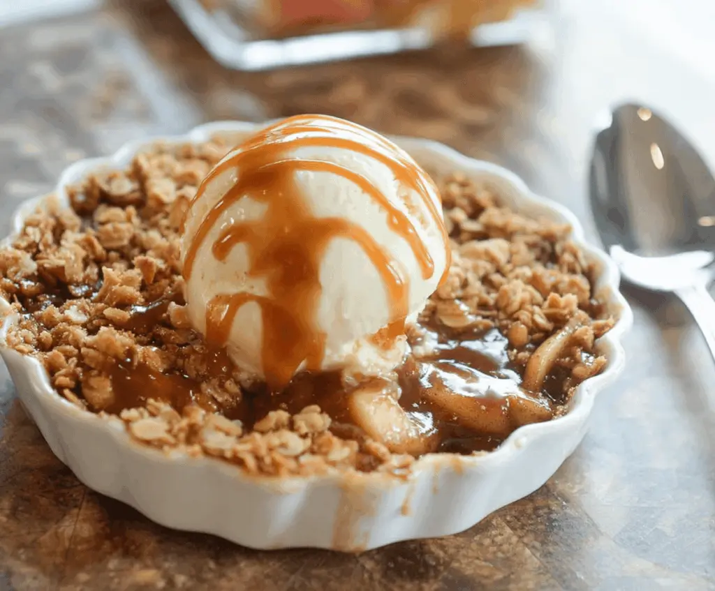 Delicious caramel apple crisp topped with golden brown oats and drizzled with caramel sauce, served in a rustic baking dish.