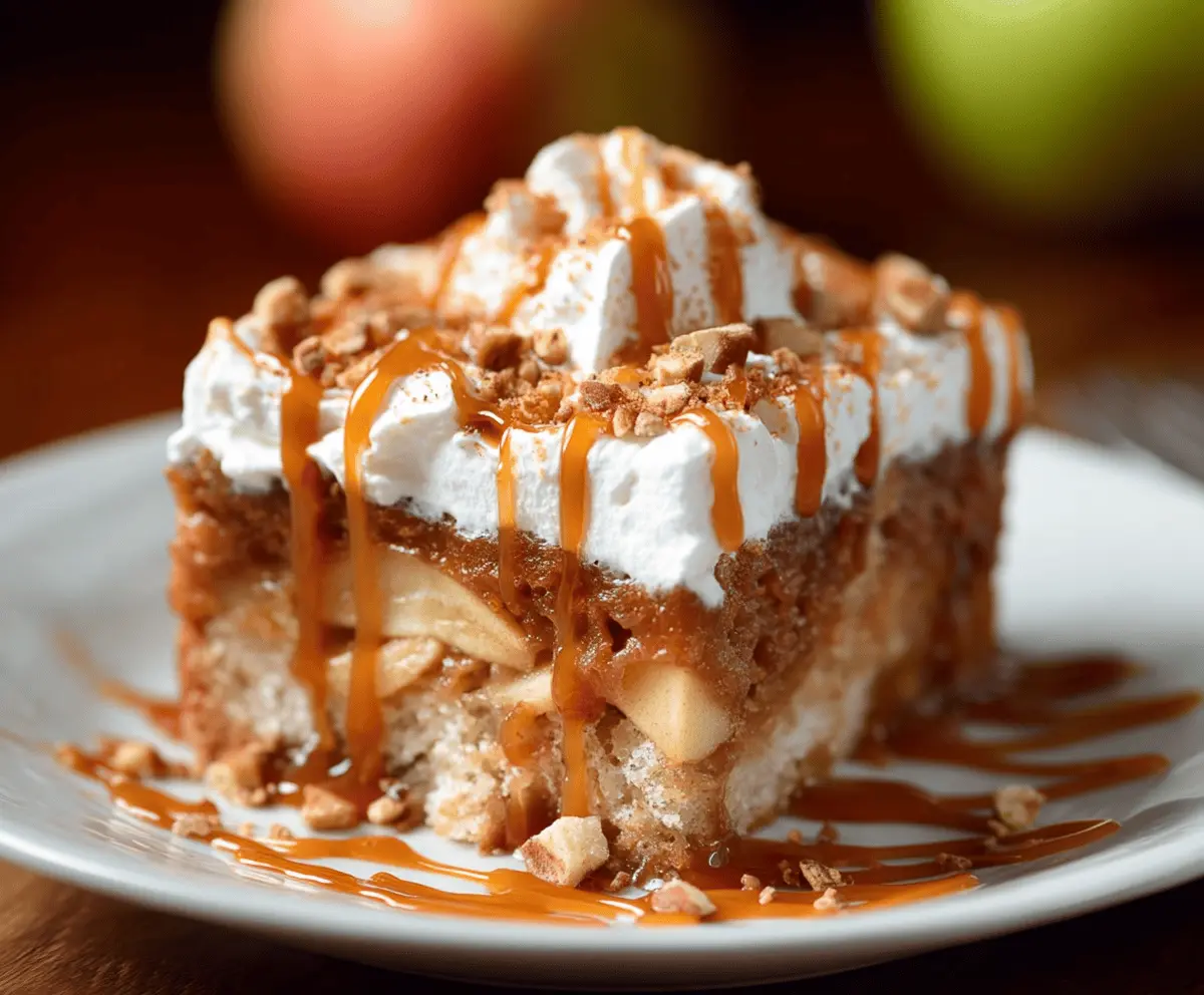 Delicious Caramel Apple Poke Cake topped with caramel drizzle and apple slices, perfect for fall desserts.