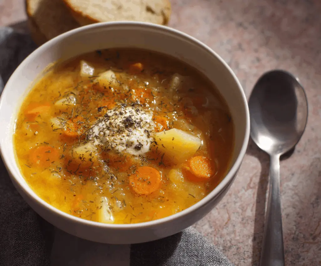Creamy carrot and potato soup served in a bowl topped with fresh herbs, perfect for a warm, comforting meal.