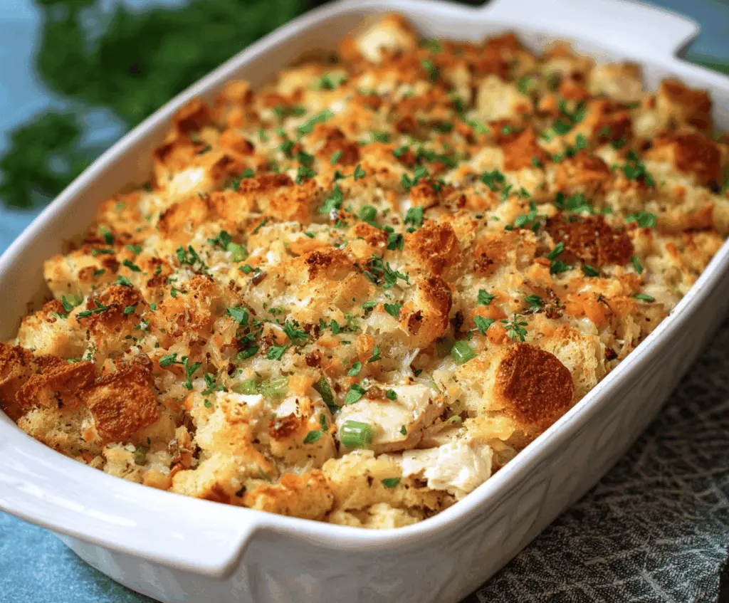 Delicious Chicken and Stuffing Casserole topped with golden-brown breadcrumbs and fresh herbs, served hot on a white plate.