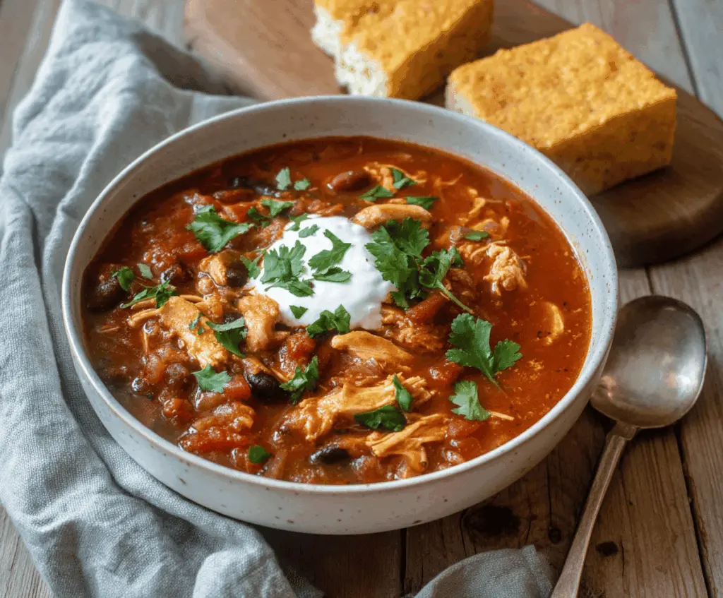 Delicious homemade chicken chili with beans, peppers, and spices served in a bowl, perfect for a hearty, warming meal