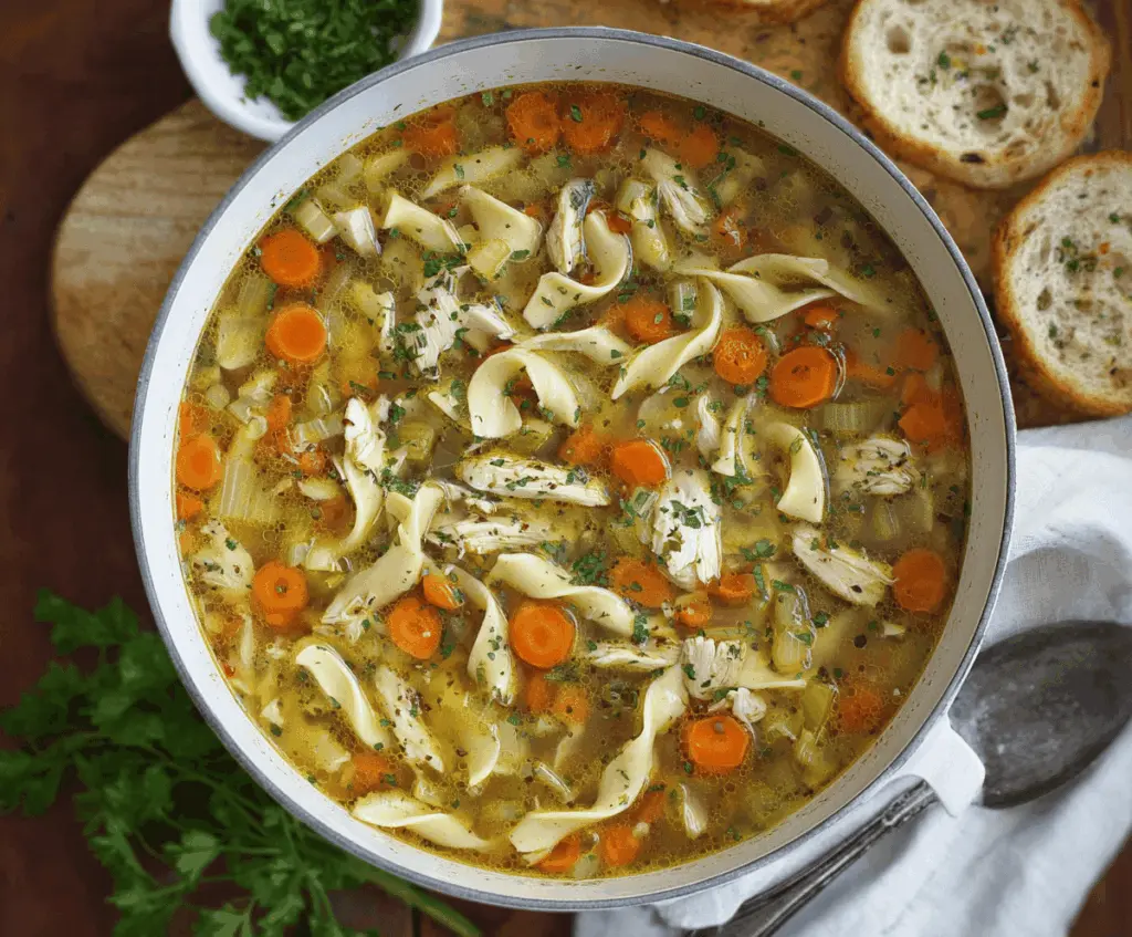 A steaming bowl of homemade chicken noodle soup with colorful vegetables, tender chicken, and hearty noodles, served in a white ceramic bowl with fresh herbs on top.