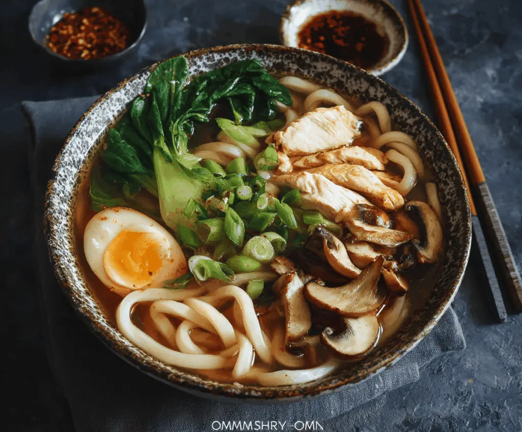 A steaming bowl of Chicken Udon Noodle Soup topped with sliced chicken, green onions, and vegetables in a savory broth.