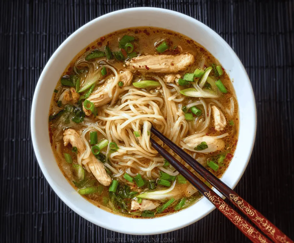A steaming bowl of Chinese chicken noodle soup with shredded chicken, vibrant vegetables, and garnished with green onions and cilantro, served in a clear broth.