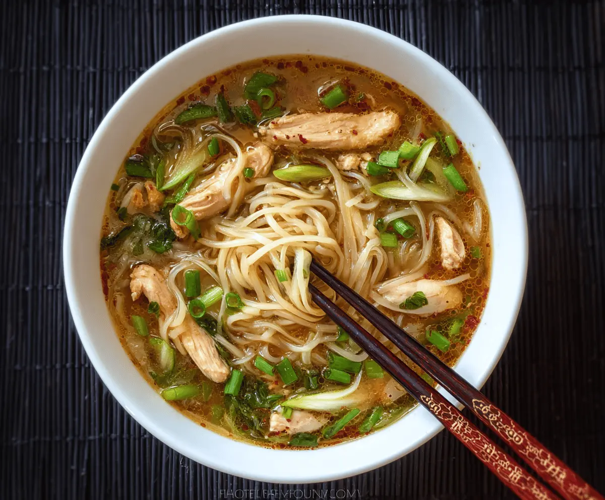 A steaming bowl of Chinese chicken noodle soup with shredded chicken, vibrant vegetables, and garnished with green onions and cilantro, served in a clear broth.