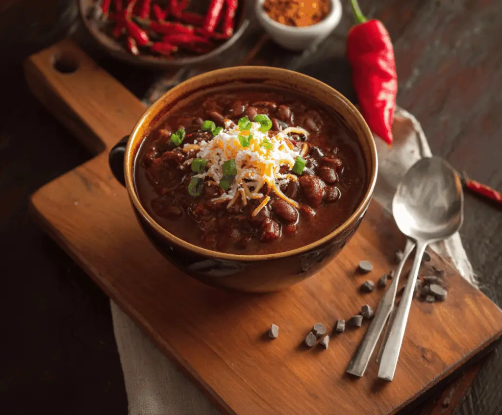 Delicious chocolate chili in a bowl topped with fresh herbs and cheese, showcasing a rich, hearty blend of spicy chili and smooth chocolate flavors