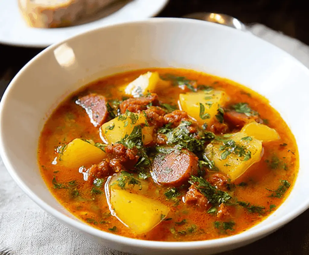 Creamy chorizo and potato soup garnished with fresh herbs, served in a bowl for a hearty and flavorful meal.