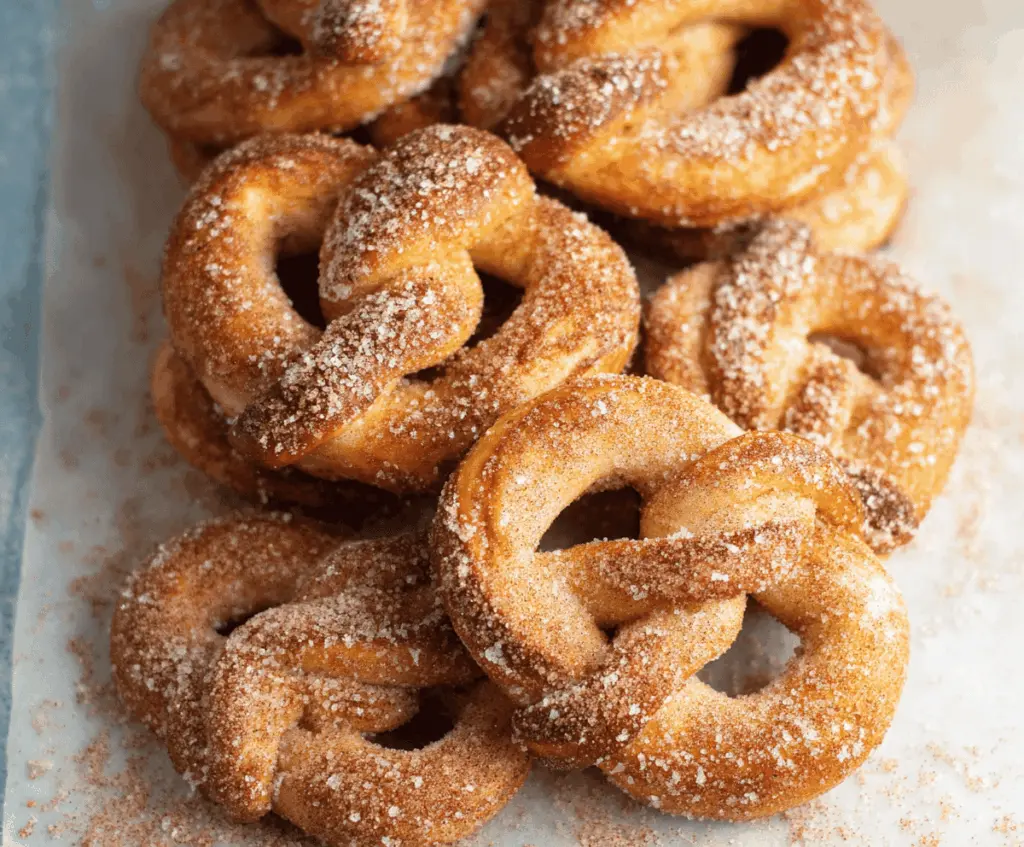 Golden-brown cinnamon sugar soft pretzels fresh out of the oven, topped with a sprinkle of cinnamon sugar for a sweet and savory treat.