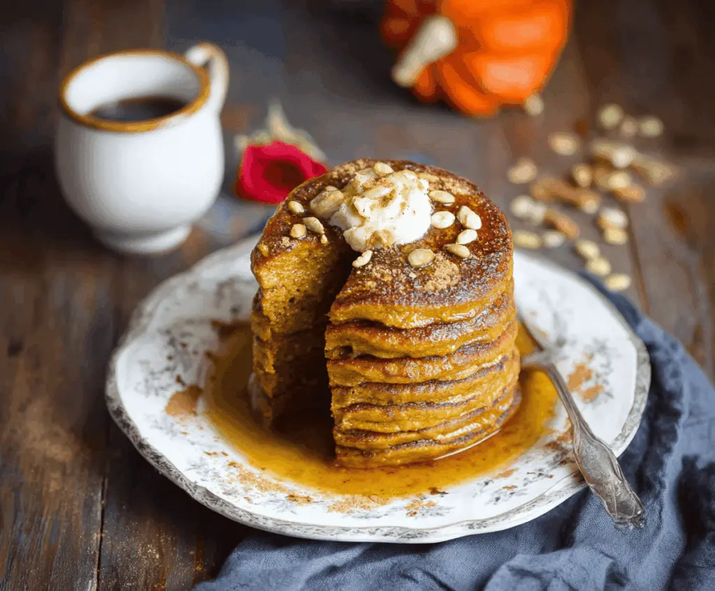 Delicious stack of fluffy coconut flour pumpkin pancakes topped with maple syrup and fresh berries on a rustic plate