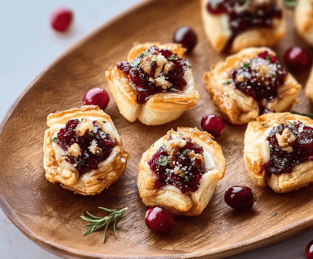 Delicious cranberry brie bites served on a white plate, featuring flaky pastry topped with creamy brie cheese and fresh cranberries for a festive appetizer.