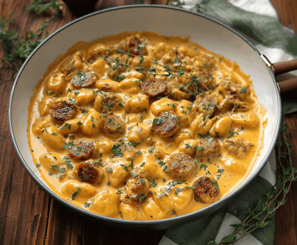 Creamy butternut squash gnocchi with sausage, fresh herbs, and a rich sauce in a white bowl—delicious autumn-inspired recipe.