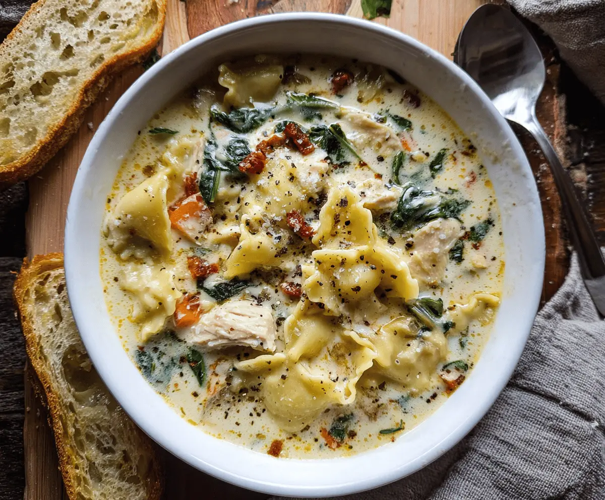 Creamy chicken lasagna soup with melted cheese, shredded chicken, pasta, and fresh herbs in a bowl, ready to serve