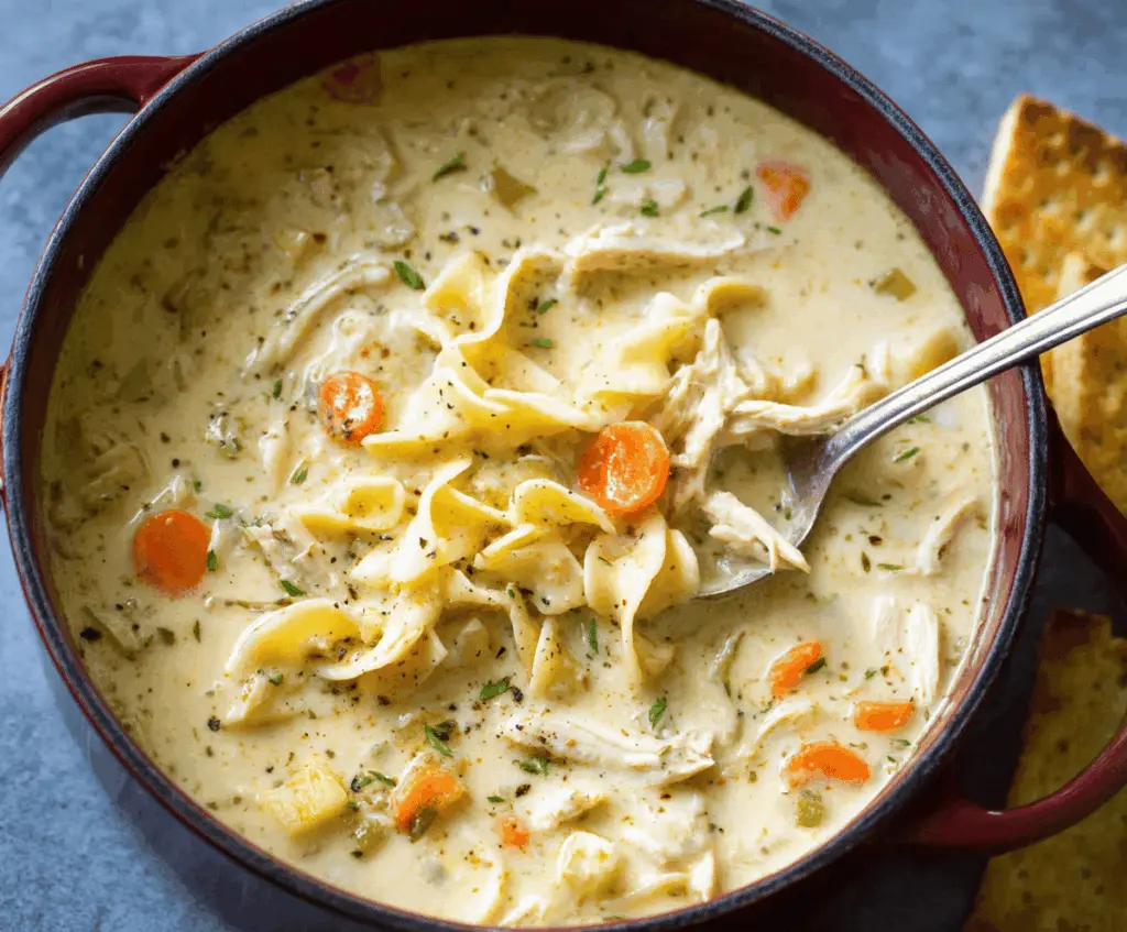 A steaming bowl of creamy chicken noodle soup garnished with fresh herbs and vegetables, showcasing tender chicken, pasta noodles, and a rich, velvety broth.