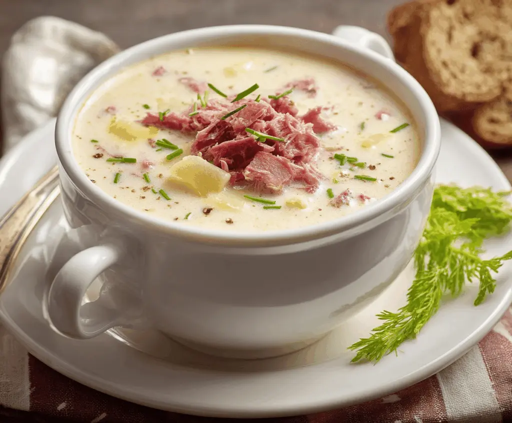Creamy Reuben Soup served in a bowl garnished with fresh herbs, featuring corned beef, sauerkraut, Swiss cheese, and rye croutons for a hearty, flavorful meal.