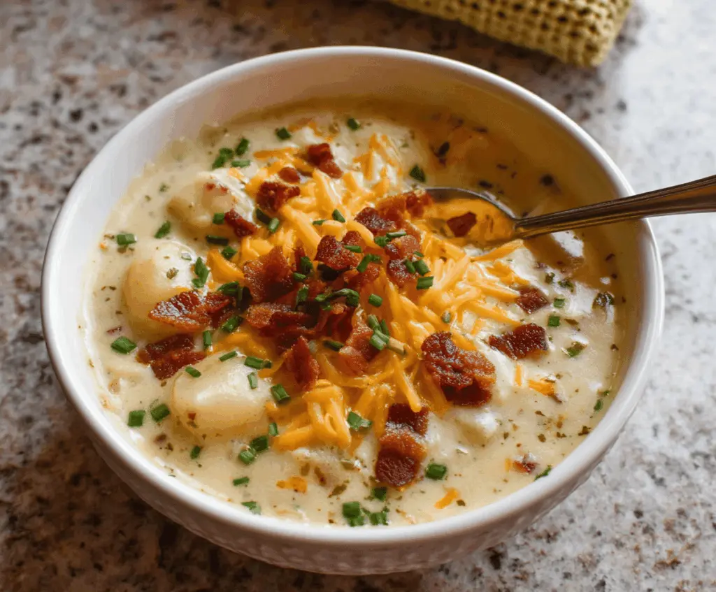 Creamy Crock Pot Crack Potato Soup in a bowl with crispy bacon and fresh herbs, perfect for a comforting meal