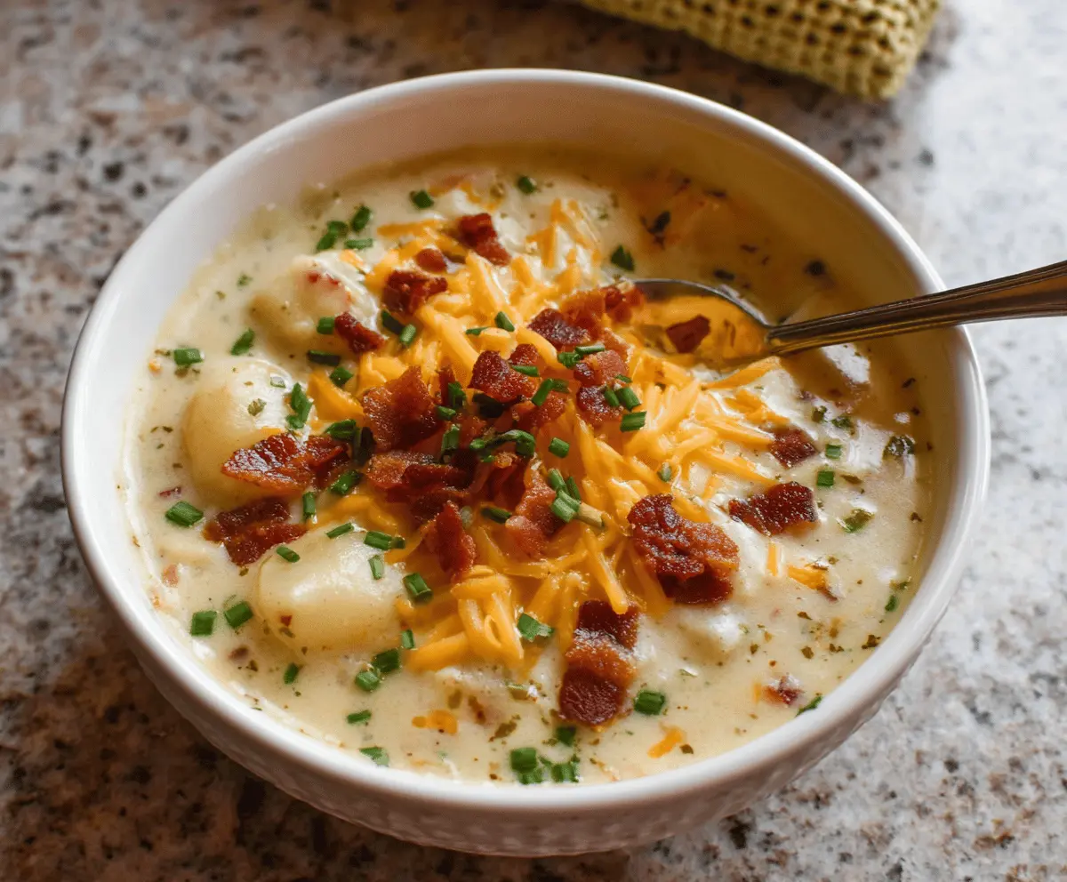 Creamy Crock Pot Crack Potato Soup in a bowl with crispy bacon and fresh herbs, perfect for a comforting meal
