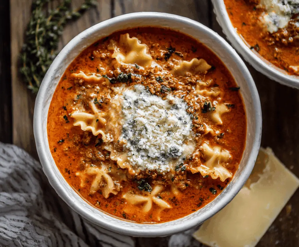 Creamy Crockpot Cheesy Ricotta Lasagna Soup in a bowl topped with melted cheese, fresh herbs, and pasta
