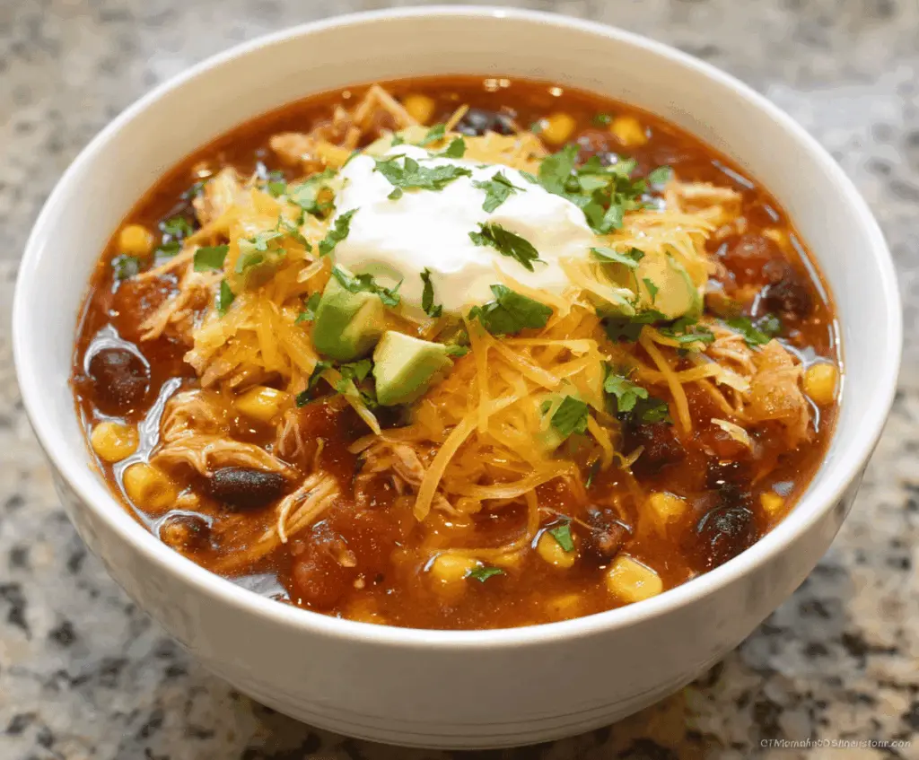 Delicious Crockpot Chicken Taco Soup with shredded chicken, black beans, corn, tomatoes, and fresh toppings in a bowl
