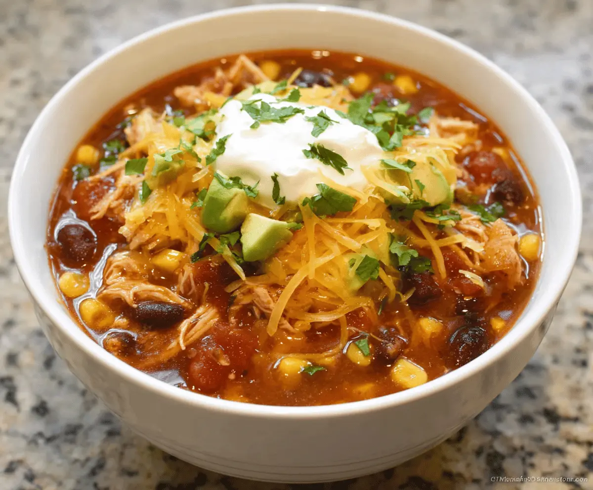 Delicious Crockpot Chicken Taco Soup with shredded chicken, black beans, corn, tomatoes, and fresh toppings in a bowl