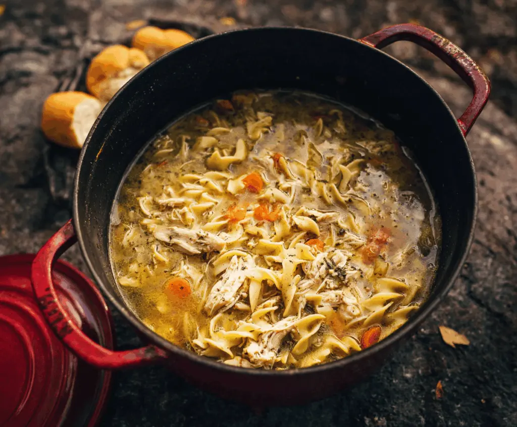 Hearty Dutch Oven Chicken Noodle Soup in a rustic pot with tender chicken, vegetables, and noodles ready to serve