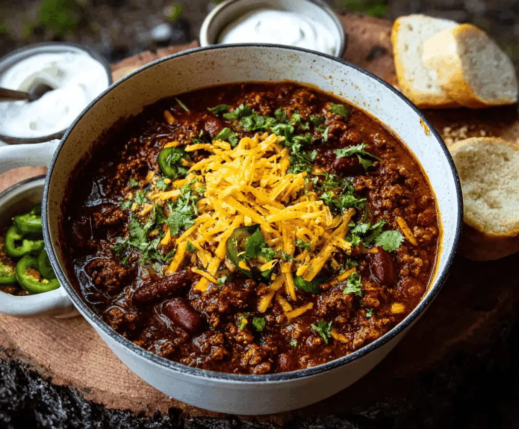 Hearty homemade Dutch Oven Chili in a rustic pot, featuring seasoned ground beef, kidney beans, tomatoes, and spices, perfect for cozy comfort food.