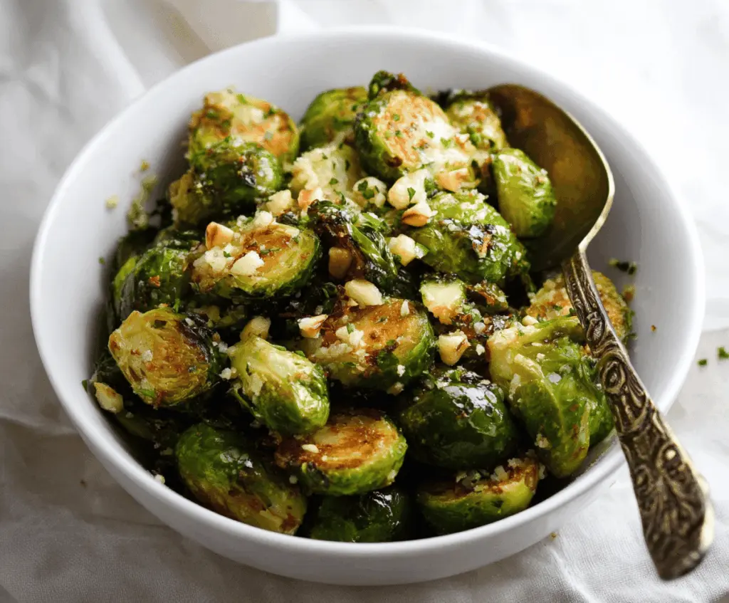 Delicious garlic butter roasted Brussels sprouts served on a white plate, garnished with fresh herbs and a crispy, caramelized exterior.