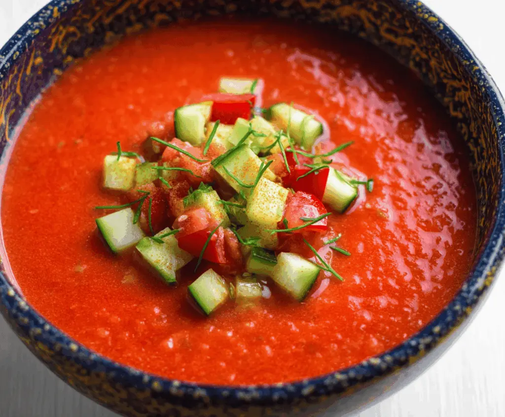 Refreshing cold gazpacho soup with fresh tomatoes, cucumbers, bell peppers, and herbs in a bowl, perfect for summer.